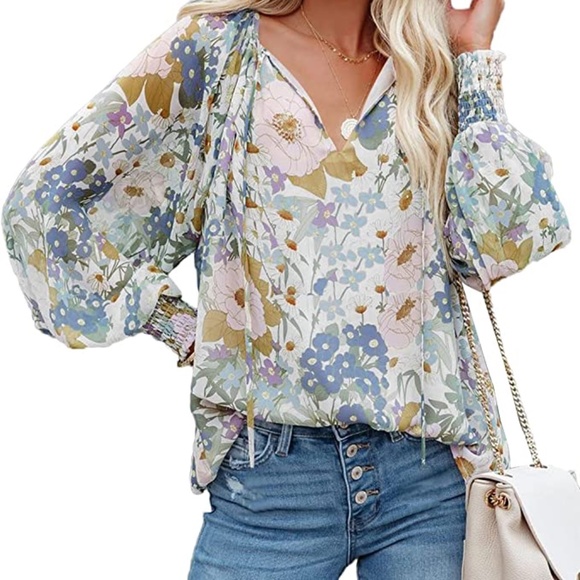 Womens V Neck Tie Front Long Sleeve Floral Blouse in Blue sz small - Picture 6 of 12